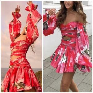 NWT Gigii's Hestia Off-white Shoulder Cut Out Pink Floral Mini Dress $625 Small